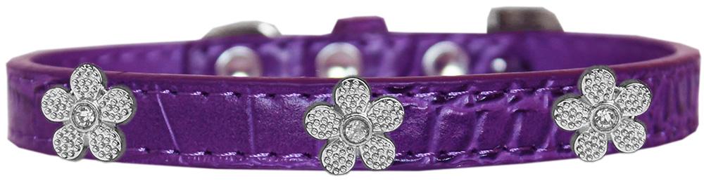 Silver Flower Widget Croc Dog Collar Purple Size 16