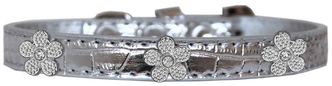 Silver Flower Widget Croc Dog Collar Silver Size 10