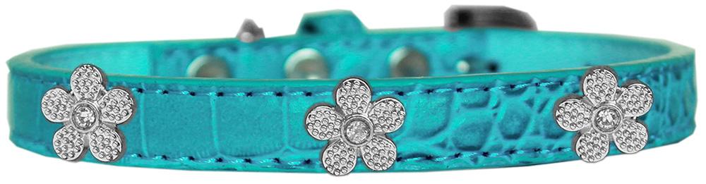 Silver Flower Widget Croc Dog Collar Turquoise Size 10