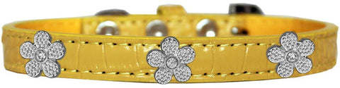 Silver Flower Widget Croc Dog Collar Yellow Size 14