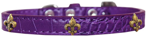 Bronze Fleur De Lis Widget Croc Dog Collar Purple Size 12