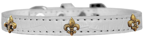 Bronze Fleur De Lis Widget Croc Dog Collar White Size 14