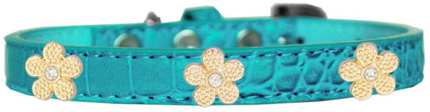 Gold Flower Widget Croc Dog Collar Turquoise Size 10