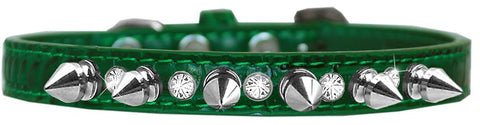 Silver Spike And Clear Jewel Croc Dog Collar Emerald Green Size 10