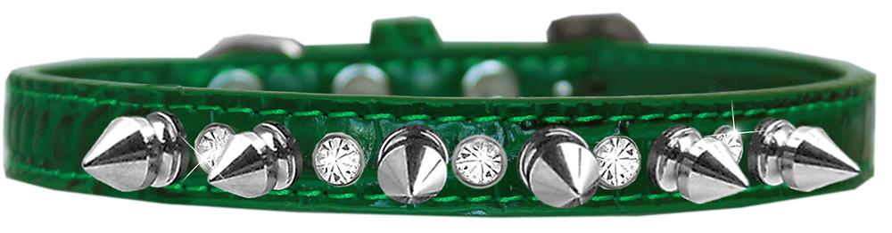 Silver Spike And Clear Jewel Croc Dog Collar Emerald Green Size 12