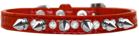 Silver Spike And Clear Jewel Croc Dog Collar Red Size 10