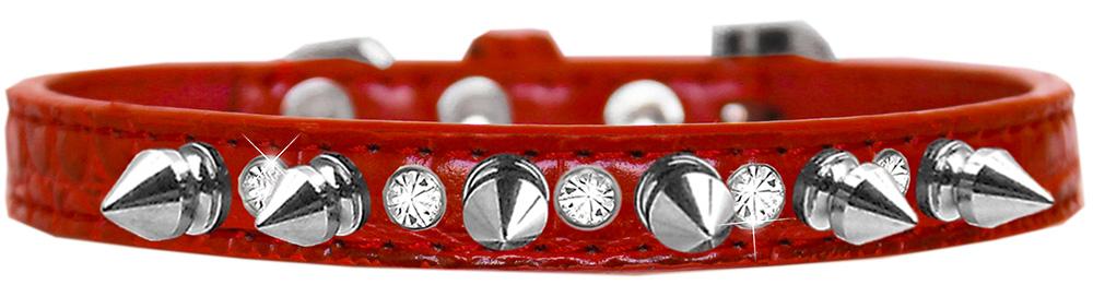 Silver Spike And Clear Jewel Croc Dog Collar Red Size 12