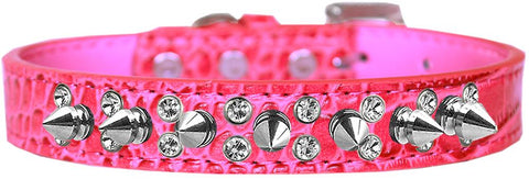 Double Crystal And Spike Croc Dog Collar Bright Pink Size 12