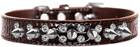 Double Crystal And Spike Croc Dog Collar Chocolate Size 12