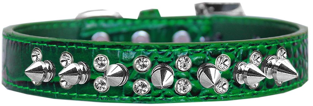 Double Crystal And Spike Croc Dog Collar Emerald Green Size 12