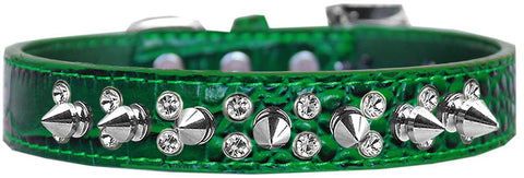 Double Crystal And Spike Croc Dog Collar Emerald Green Size 16