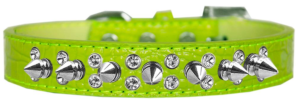 Double Crystal And Spike Croc Dog Collar Lime Green Size 12