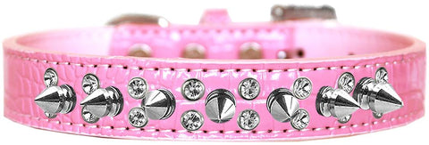 Double Crystal And Spike Croc Dog Collar Light Pink Size 12