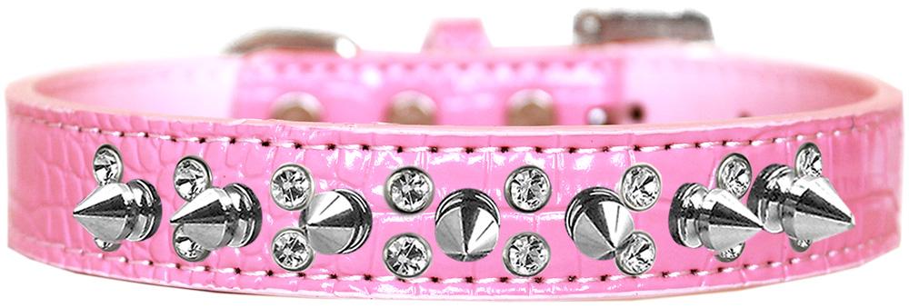 Double Crystal And Spike Croc Dog Collar Light Pink Size 14