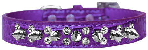 Double Crystal And Spike Croc Dog Collar Purple Size 14