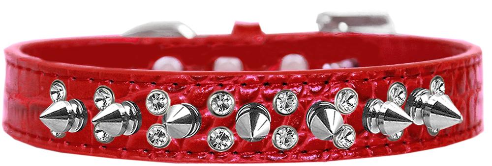 Double Crystal And Spike Croc Dog Collar Red Size 12