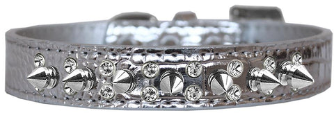 Double Crystal And Spike Croc Dog Collar Silver Size 12