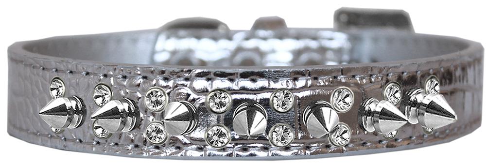 Double Crystal And Spike Croc Dog Collar Silver Size 14