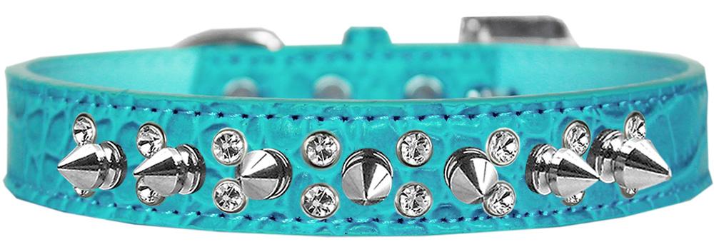 Double Crystal And Spike Croc Dog Collar Turquoise Size 14