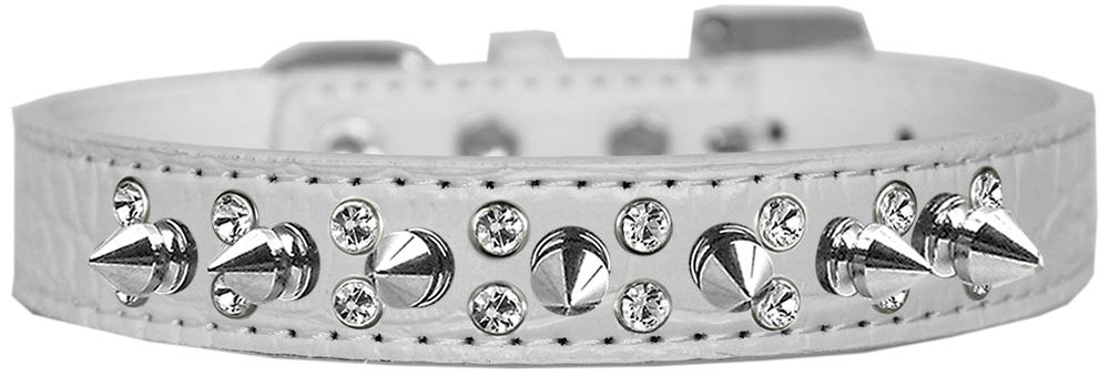 Double Crystal And Spike Croc Dog Collar White Size 12