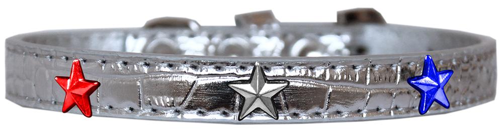 Red, White And Blue Star Widget Croc Dog Collar Silver Size 12