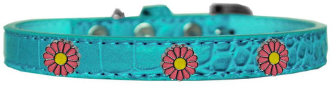 Pink Daisy Widget Croc Dog Collar Turquoise Size 14