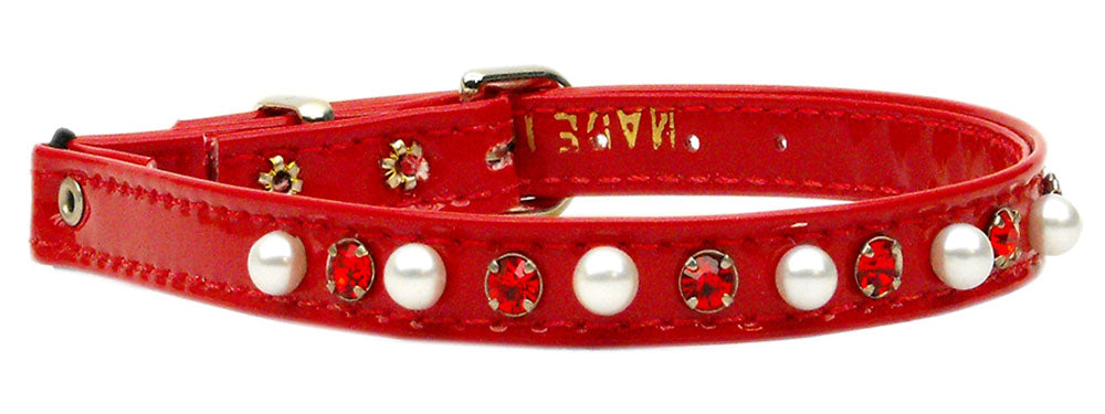 Cat Safety W- Band Patent Pearl And Crystals Red 10