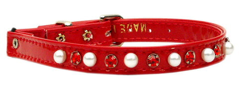 Cat Safety W- Band Patent Pearl And Crystals Red 10