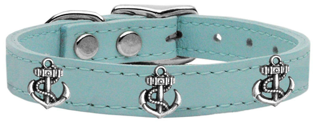 Silver Anchor Widget Genuine Leather Dog Collar Baby Blue 10