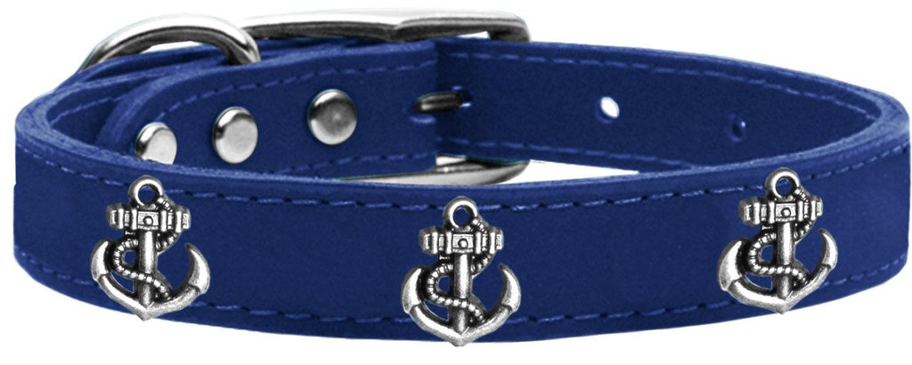 Silver Anchor Widget Genuine Leather Dog Collar Blue 10