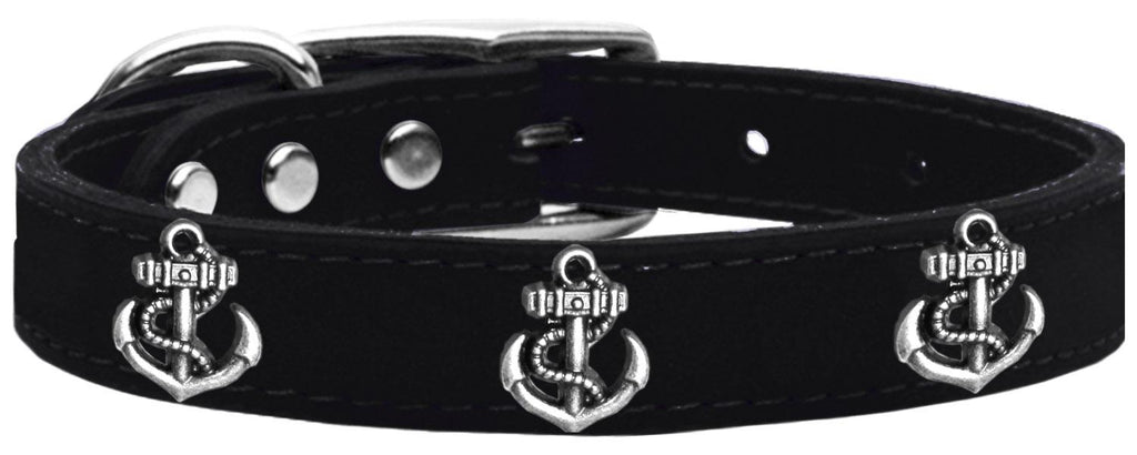 Silver Anchor Widget Genuine Leather Dog Collar Black 10