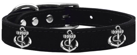 Silver Anchor Widget Genuine Leather Dog Collar Black 12