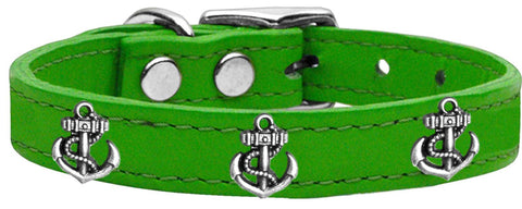 Silver Anchor Widget Genuine Leather Dog Collar Emerald Green 10