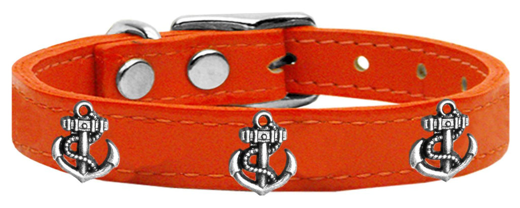 Silver Anchor Widget Genuine Leather Dog Collar Orange 10