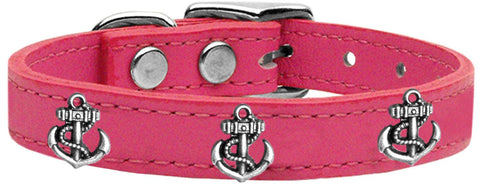 Silver Anchor Widget Genuine Leather Dog Collar Pink 10