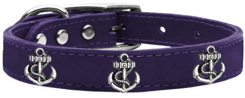 Silver Anchor Widget Genuine Leather Dog Collar Purple 14