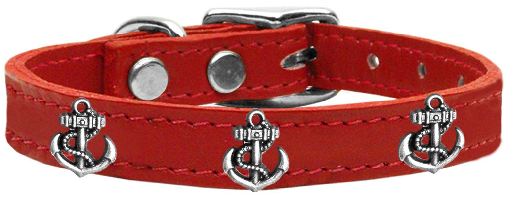 Silver Anchor Widget Genuine Leather Dog Collar Red 22