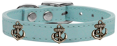 Bronze Anchor Widget Genuine Leather Dog Collar Baby Blue 10