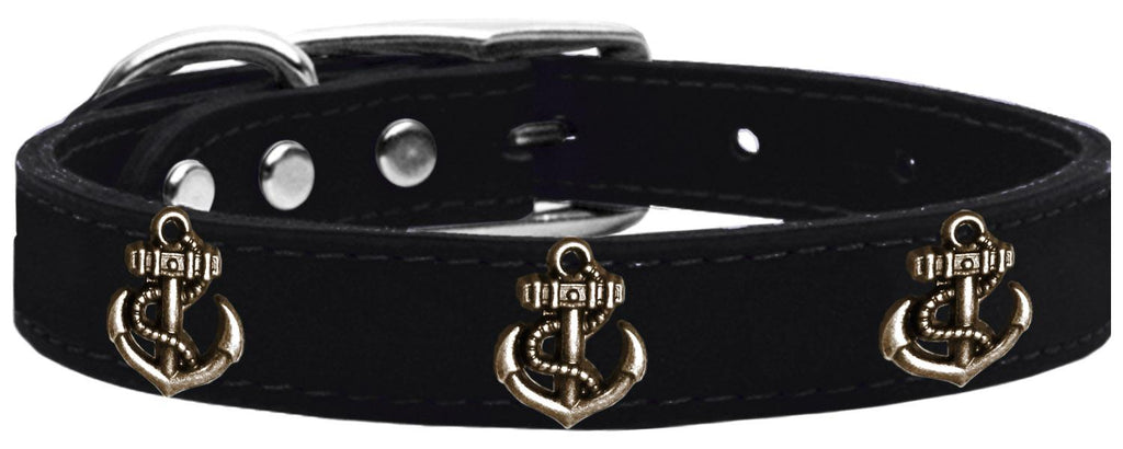 Bronze Anchor Widget Genuine Leather Dog Collar Black 10