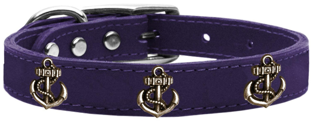 Bronze Anchor Widget Genuine Leather Dog Collar Purple 10