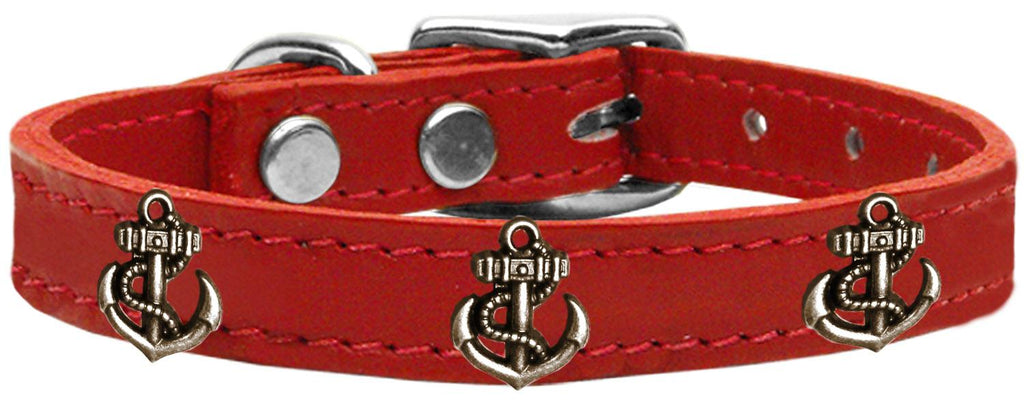 Bronze Anchor Widget Genuine Leather Dog Collar Red 10