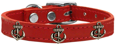 Bronze Anchor Widget Genuine Leather Dog Collar Red 12