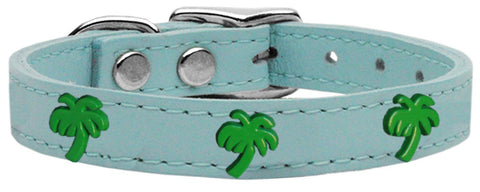 Green Palm Tree Widget Genuine Leather Dog Collar Baby Blue 10