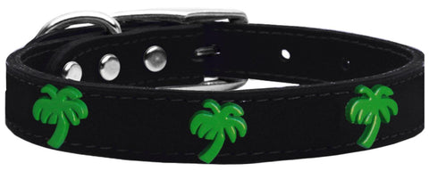 Green Palm Tree Widget Genuine Leather Dog Collar Black 10