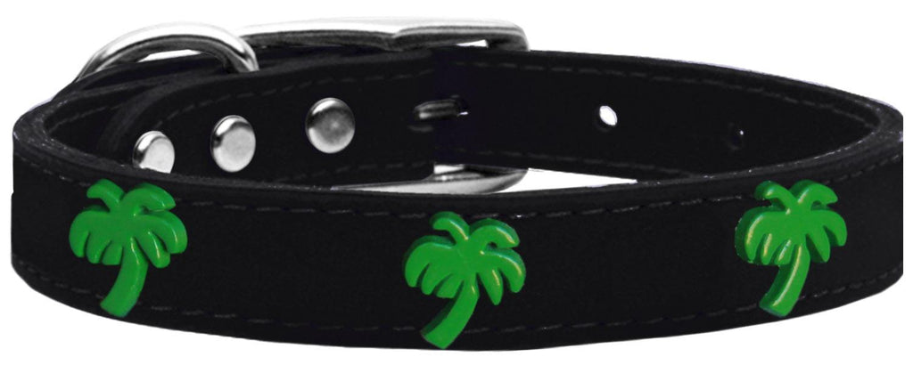 Green Palm Tree Widget Genuine Leather Dog Collar Black 12