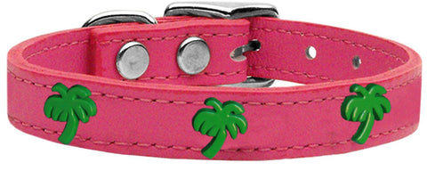Green Palm Tree Widget Genuine Leather Dog Collar Pink 18