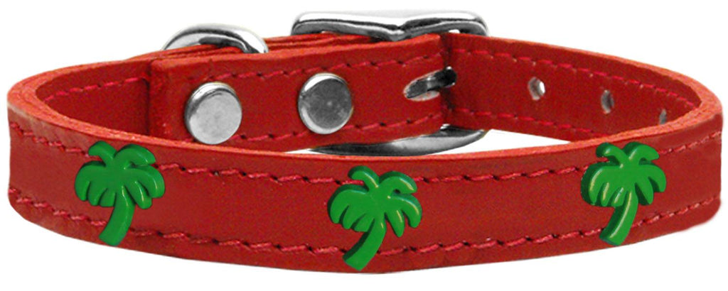 Green Palm Tree Widget Genuine Leather Dog Collar Red 10