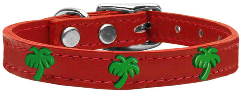 Green Palm Tree Widget Genuine Leather Dog Collar Red 12