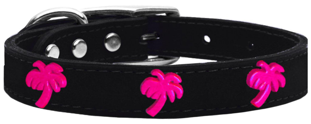 Pink Palm Tree Widget Genuine Leather Dog Collar Black 10