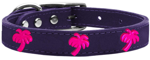 Pink Palm Tree Widget Genuine Leather Dog Collar Purple 10